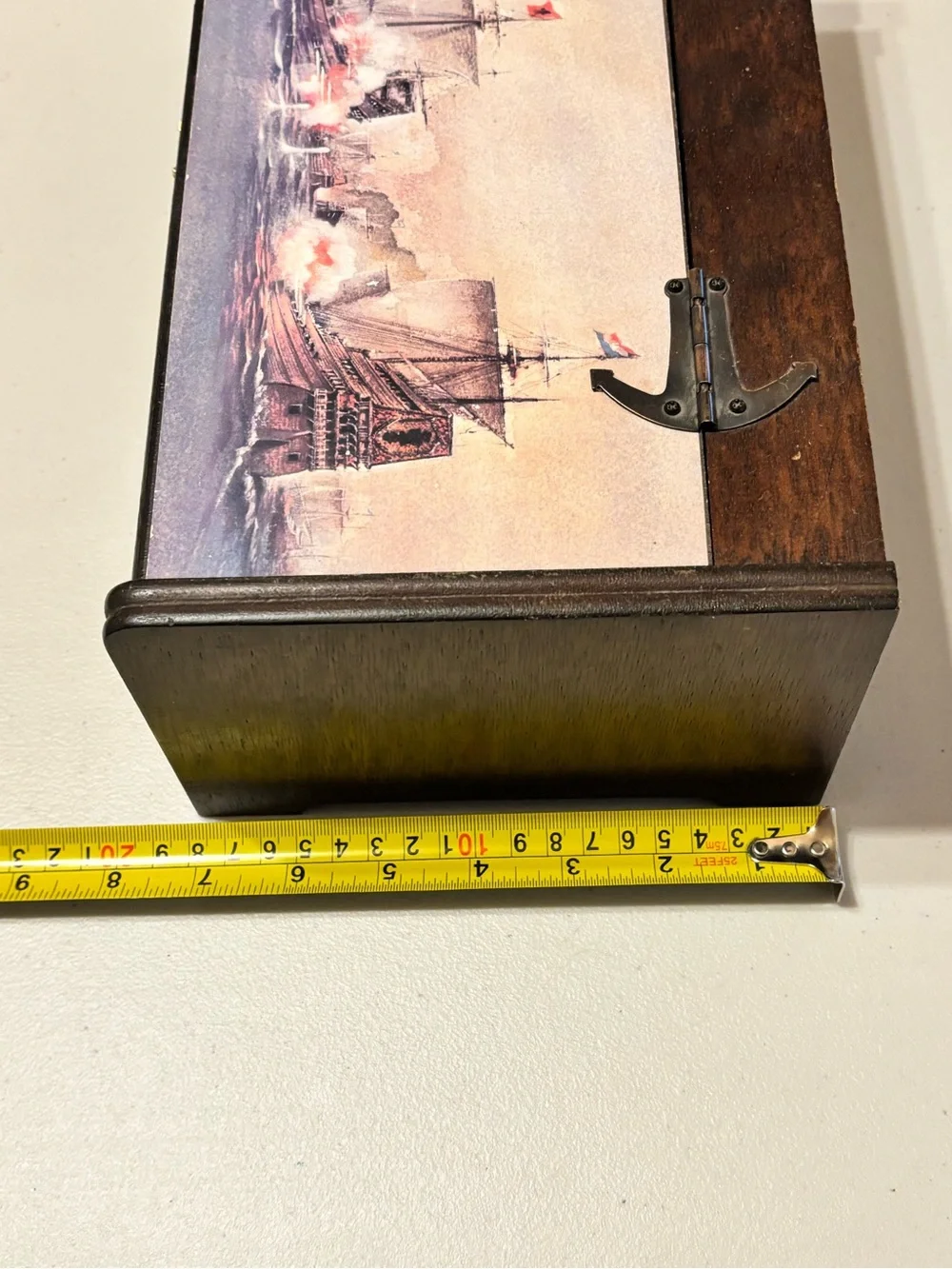Vintage Wooden Jewelry Box with Nautical Sailing Ship Battle Scene Print on lid